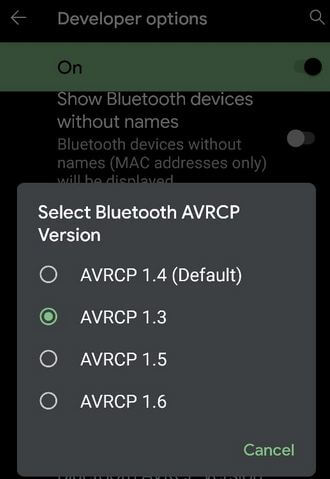 Android Pie Bluetooth sorununu düzeltmek için Bluetooth ACRCP Sürümünü değiştirin