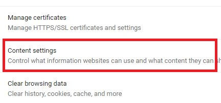 Gizlilik ve güvenlik ayarları altındaki Chrome'daki içerik ayarları